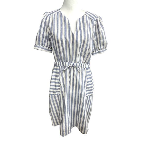 Monteau White Blue Striped Short Sleeve Dress Large - Picture 1 of 3